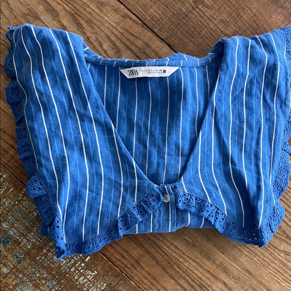 Zara Blue Striped Bib Collar Women's Top Size L